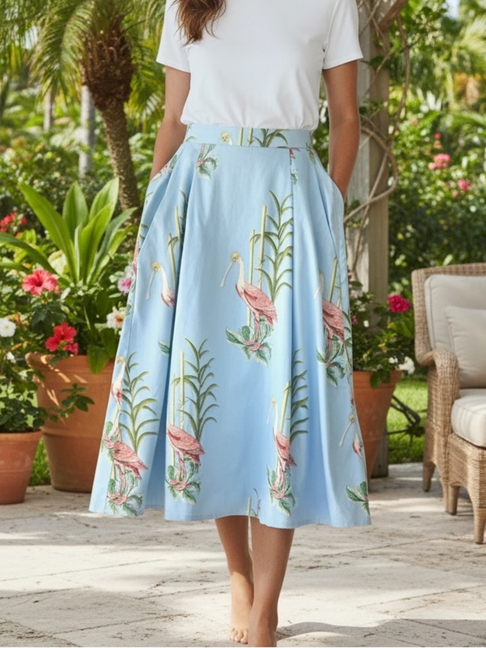 Ann Taylor Flared Skirt Blue Pink Tropical Bird Print Lined Pocket - Picture 2 of 12